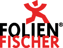 Logo Klebebuchstaben Günstig: Stilisiertes rotes Folienmännchen läuft über Firmenschriftzug FolienFischer